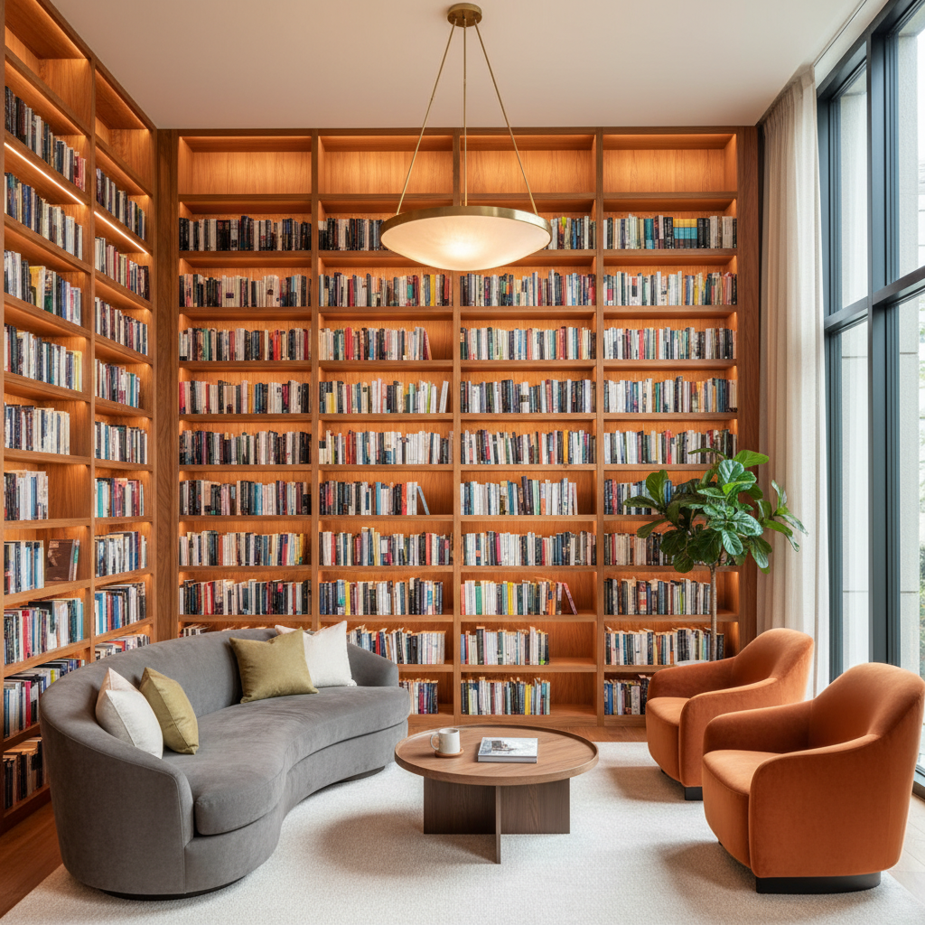 Уютна библиотека с дървени рафтове и мека светлина
