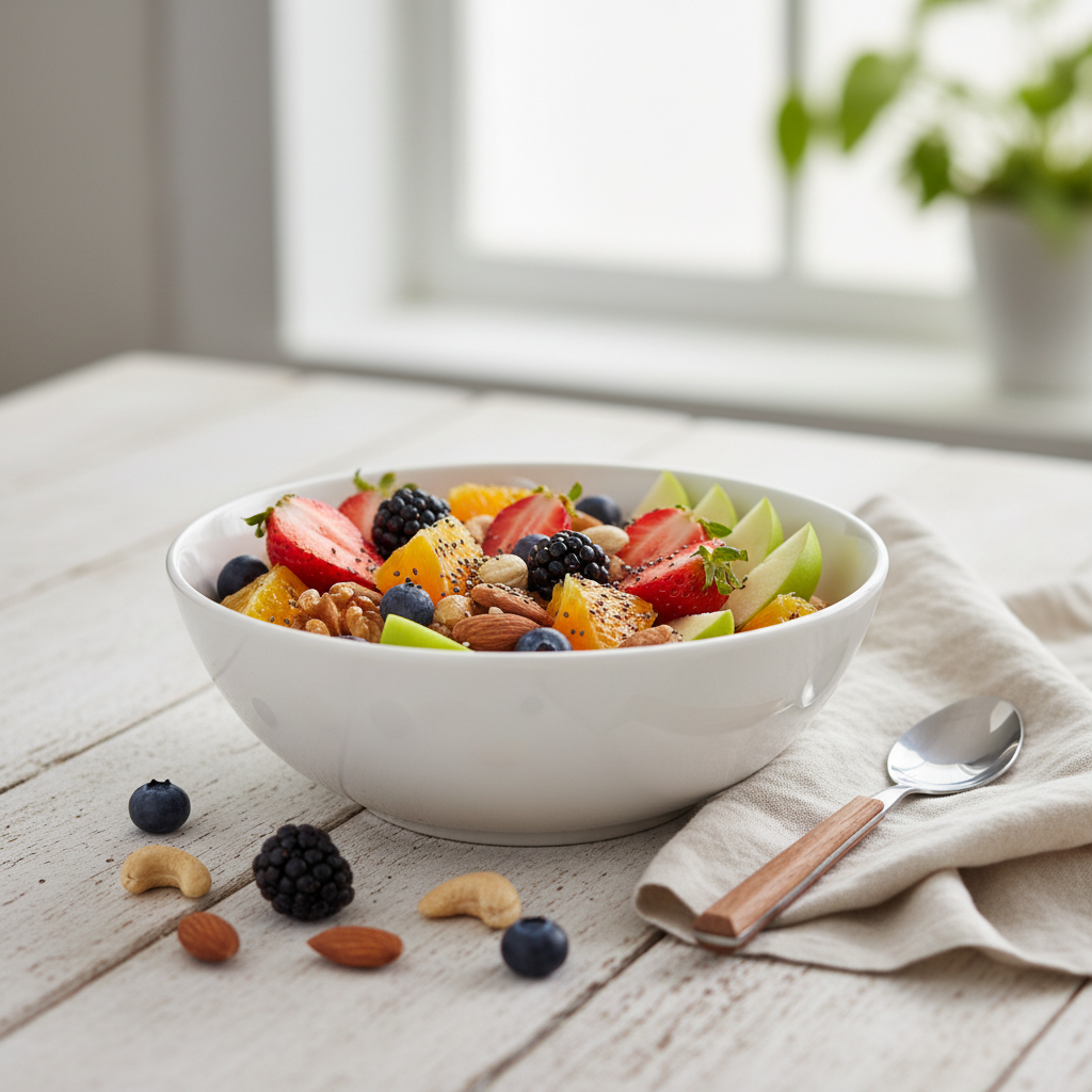 Естетично подредена купа с пресни сезонни плодове и ядки