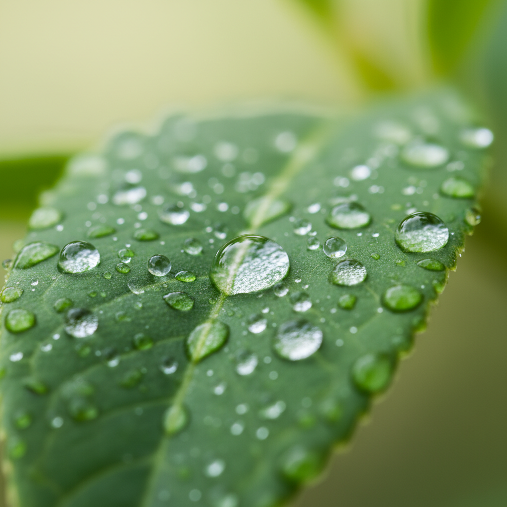 Близък план на зелено листо с капки роса, символизиращо свежест