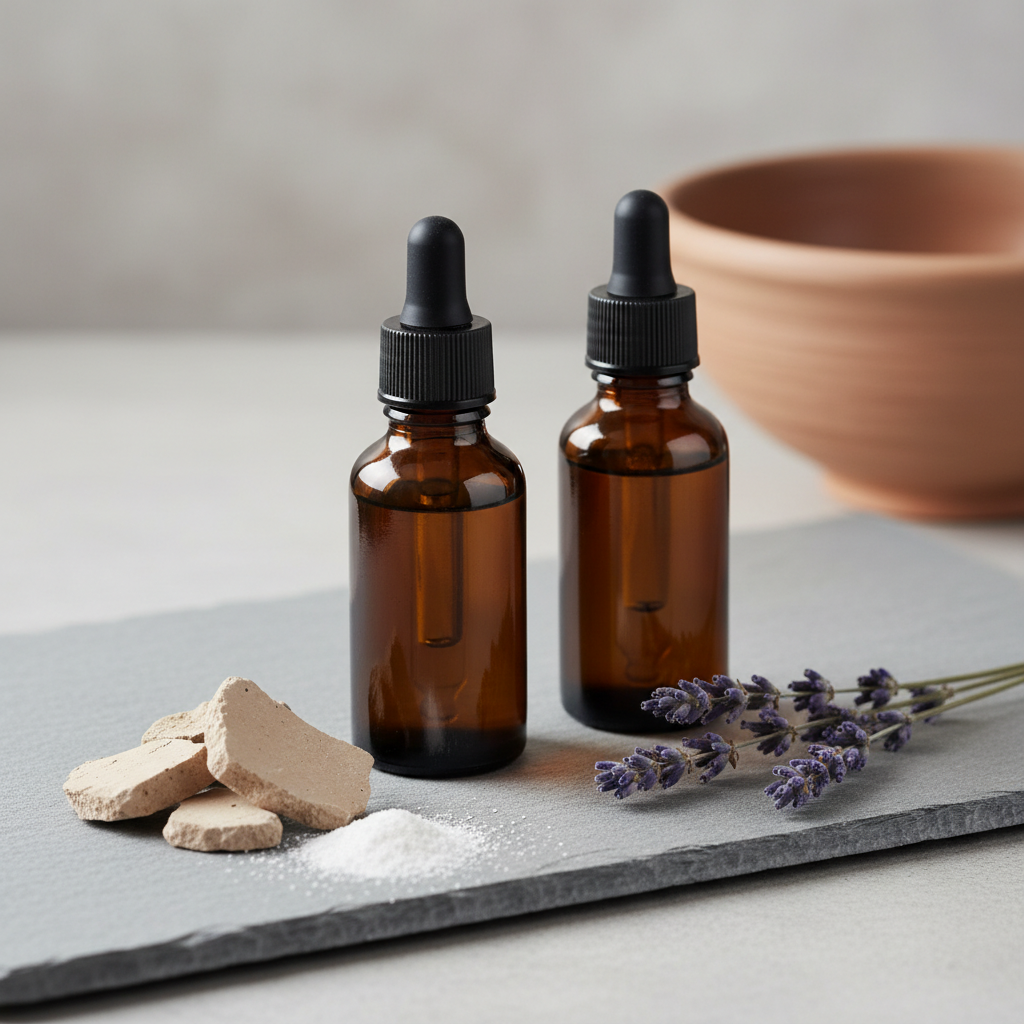 Етерични масла в тъмни стъклени бутилки до клонче лавандула